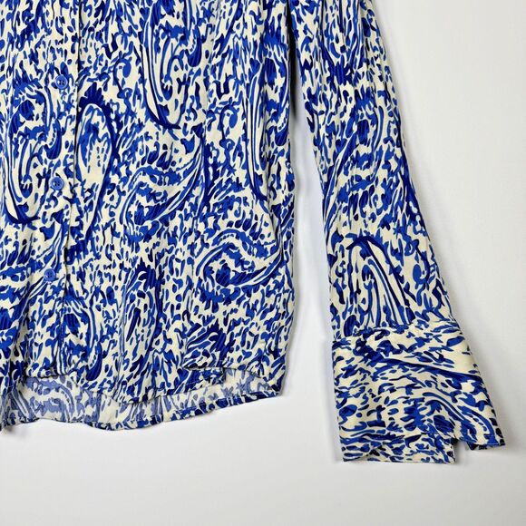 Magaschoni Blouse Womens XL Blue White Paisley Abstract Button Front Long Sleeve - Picture 3 of 12